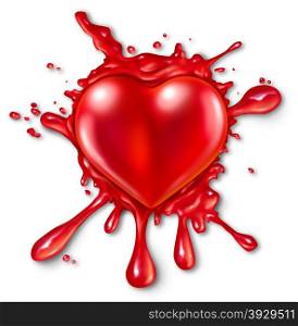 Heart splatter concept with a red three dimensional love and romance icon splattered on a wall with red liquid exploding and spraying out as a metaphor for romantic passion or extreme emotional feelings.