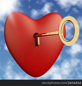 Heart With Key And Sky Background Showing Love Romance And Valentines. Heart With Key And Sky Background Showing Love Romance And Valentine