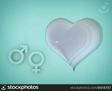 heart with male and female symbol on green background 3d rendering 