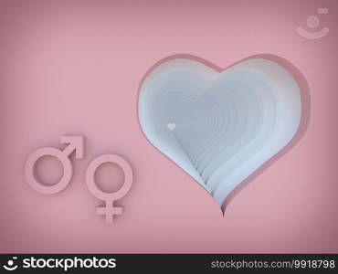 heart with male and female symbol on pink background 3d rendering 