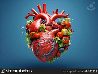 Heart with various fruits and vegetables.healthy diet and lifestyle concept.Macro.AI Generative.