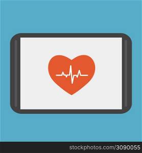 Heartbeat line on the tablet. Cardiogram. Electrocardiogram. Heart pulse monitor with signal. Vector illustration . Heartbeat line on the tablet. Cardiogram. Electrocardiogram. Heart pulse monitor with signal.