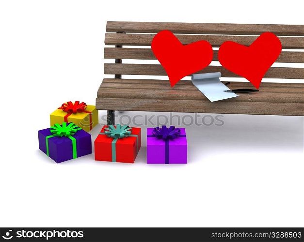 hearts and letter on bench. 3D