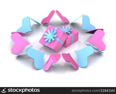 hearts around gifts. 3d