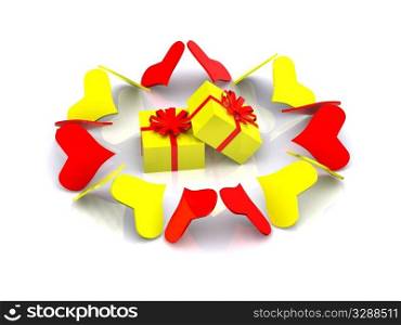 hearts around gifts. 3d