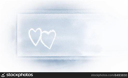 Hearts background, drawing on a snowy window, greeting card with copy space, love concept for happy romantic holidays, Valentine&rsquo;s day greeting card . Hearts background
