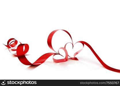 Hearts from red ribbon isolated on white background. Ribbon hearts on white