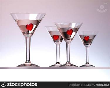 hearts in martini coctails on light background