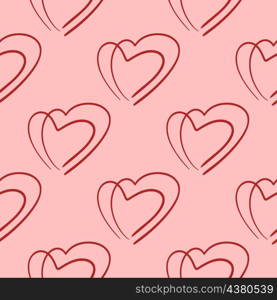 Hearts line art seamless vector pattern. Background with red hearts hand drawn. Template for fabric and packaging. Hearts line art seamless vector pattern