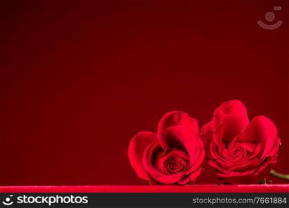 Hearts of red roses on dark red background Valentines day design. Hearts of red roses