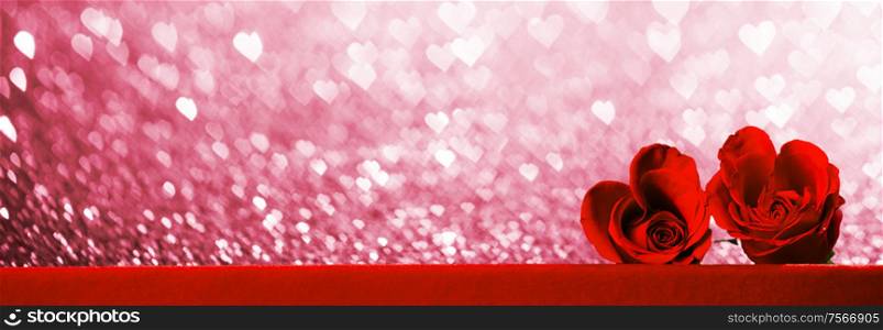 Hearts of red roses on glitter background Valentines day design. Hearts of red roses