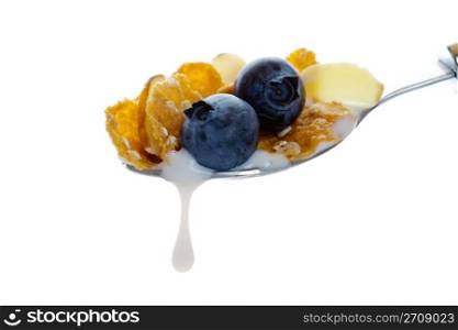 Hearty oat and wheat flake cereal with crunchy almonds and fresh blueberries. Shot on white background.