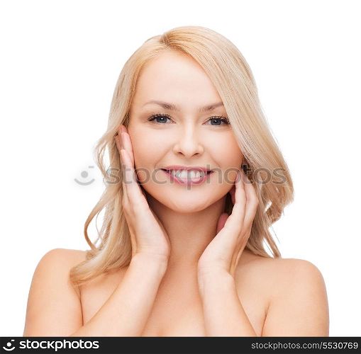 heath and beauty concept - face of beautiful woman touching her face skin