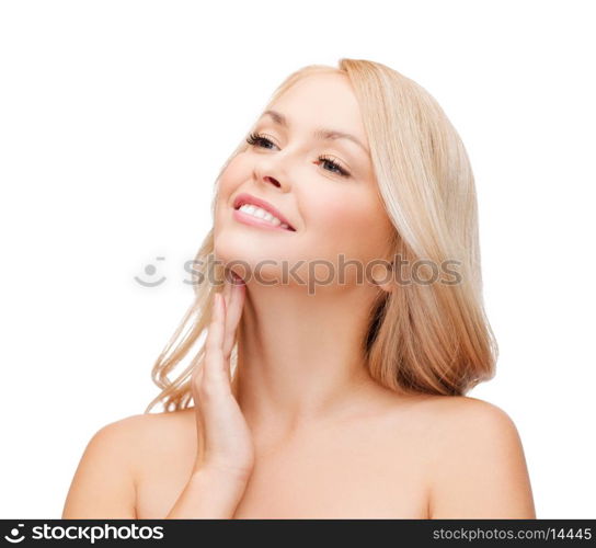 heath and beauty concept - face of beautiful woman touching her neck