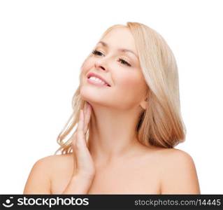 heath and beauty concept - face of beautiful woman touching her neck
