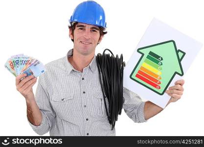 heating engineer holding bank notes rejoycing over purchase power