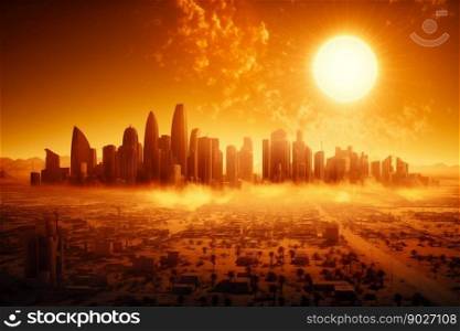 Heatwave sun over a urban city, global warming. Generative AI. High quality illustration. Heatwave sun over a urban city, global warming. Generative AI