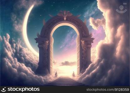 Heaven fantasy gate with bird&rsquo;s wing in the colorful skyline. Concept of luxurious fantasy bright light walking through successful way in freedom life. Finest generative AI.. Heaven fantasy gate with bird&rsquo;s wing in the colorful skyline.