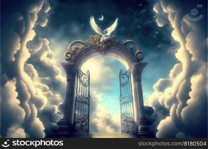 Heaven fantasy gate with bird’s wing in the colorful skyli≠. Concept of luxurious fantasy bright light walking through successful way in freedom life. Fi≠st≥≠rative AI.. Heaven fantasy gate with bird’s wing in the colorful skyli≠.