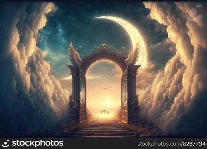 Heaven fantasy gate with bird’s wing in the colorful skyline. Concept of luxurious fantasy bright light walking through successful way in freedom life. Finest generative AI.. Heaven fantasy gate with bird’s wing in the colorful skyline.