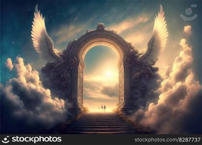 Heaven fantasy gate with bird’s wing in the colorful skyline. Concept of luxurious fantasy bright light walking through successful way in freedom life. Finest generative AI.. Heaven fantasy gate with bird’s wing in the colorful skyline.