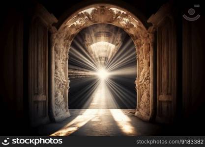 heavenly doorway, with rays of light shining through and around it, created with generative ai. heavenly doorway, with rays of light shining through and around it