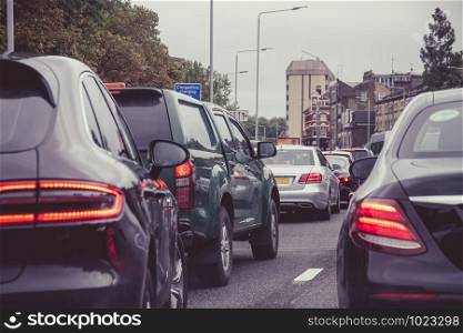 Heavy congested traffic on a busy London street