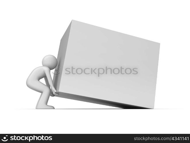 Heavy cube lift up copy space (3d isolated characters on white background series)