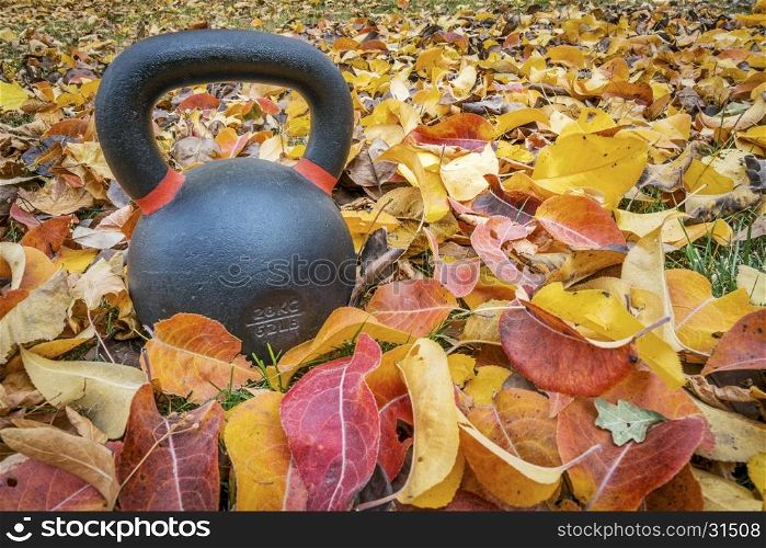 heavy exercise kettlebell in fall color leaves - outdoor fitness concept