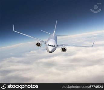 Heavy jumbo jet airplane flying above the clouds