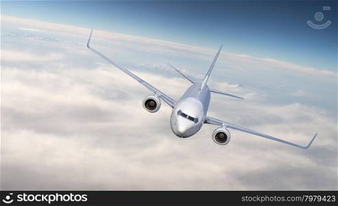 Heavy jumbo jet airplane flying above the clouds