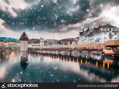heavy snowfall in Lucerne, Switzerland on a winter night