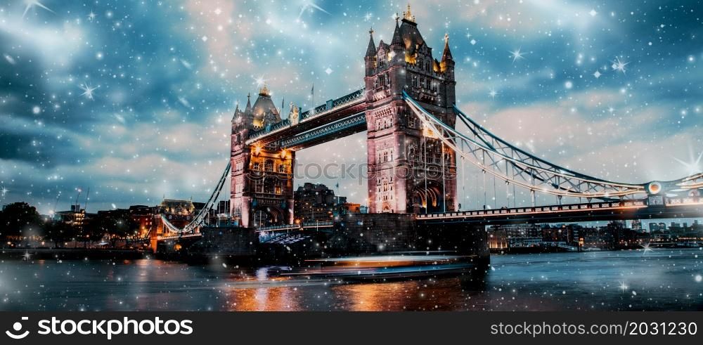 heavy snowfall over Tower Bridge winter in London