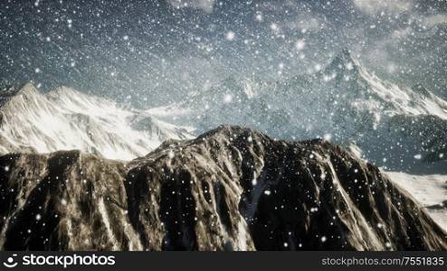Heavy snowing, focused on the snowflakes, mountains in the background