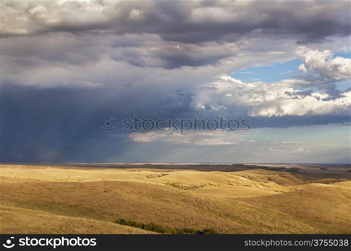 heavy storm clouds over a rolling prairie at foothills of Rocky Mountains in Colorado - Soapstone Prairie Natural Area near Fort Collins