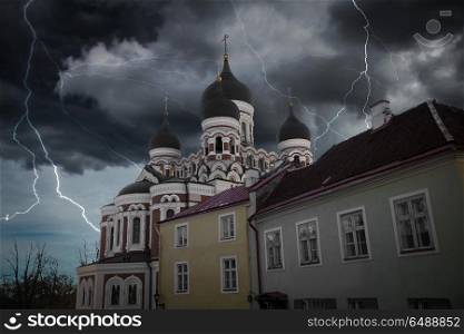 Heavy thunderstorm with lightning. Alexander Nevsky Cathedral in Tallinn. Estonia. Europe. Heavy thunderstorm with lightning.