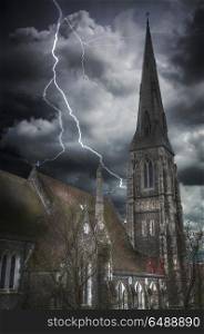 Heavy thunderstorm with lightning. Church of St. Alban in Copenhagen. Denmark. Heavy thunderstorm with lightning.