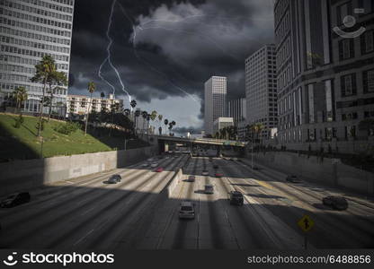 Heavy thunderstorm with lightning. Los Angeles views of the road and the city. Heavy thunderstorm with lightning.