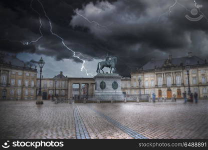 Heavy thunderstorm with lightning. Royal Amalienborg Palace in Copenhagen. Denmark. Heavy thunderstorm with lightning.