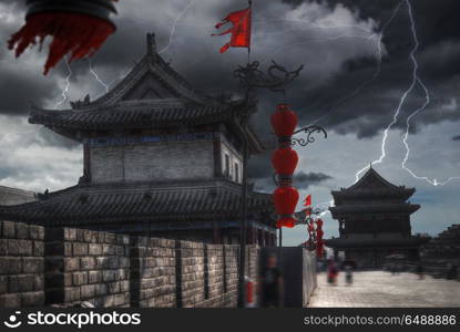 Heavy thunderstorm with lightning. Xian city wall. . Heavy thunderstorm with lightning.