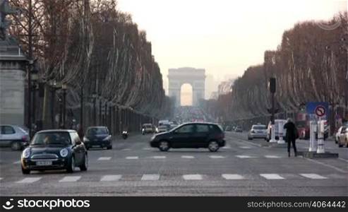 Heavy traffic in Champs-elysees, Paris.