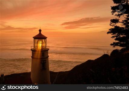 Heceta Head Lighthouse at sunset, Pacific coast, built in 1892, Oregon, USA