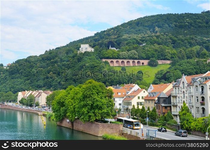 Heidelberg embankment city, mountain and blue sky