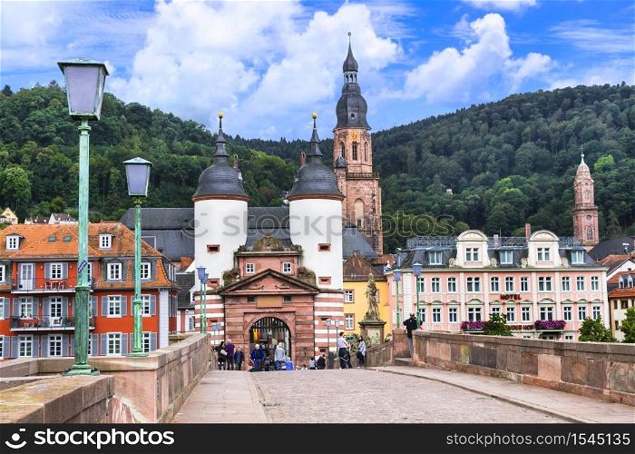 Heidelberg one of the most beautiful medieval cities in Germany . Famous Karl Theodor bridge in historic center. September 2016. Germany, Heidelberg town
