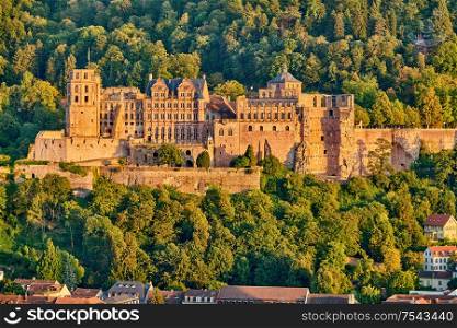 Heidelberg town with old Karl Theodor bridge and castle on Neckar river in Baden-Wurttemberg, Germany