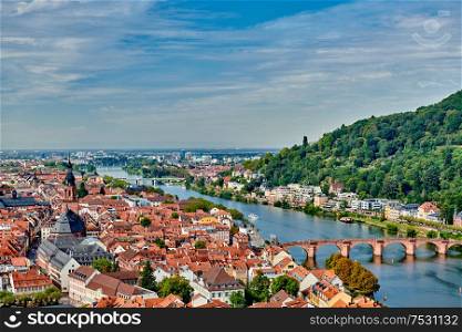 Heidelberg town with old Karl Theodor bridge on Neckar river in Baden-Wurttemberg, Germany