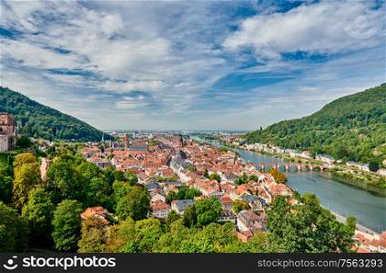 Heidelberg town with old Karl Theodor bridge on Neckar river in Baden-Wurttemberg, Germany