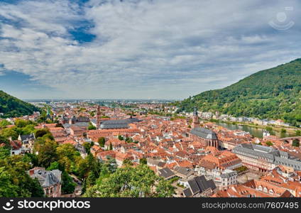 Heidelberg town with old Karl Theodor bridge on Neckar river in Baden-Wurttemberg, Germany