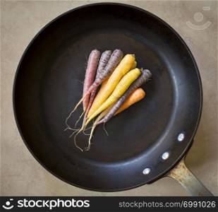 Heirloom carrots in different colours in a large black roasting pan