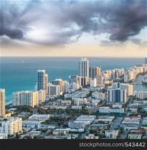 Helciopter view of Miami Beach at sunset.